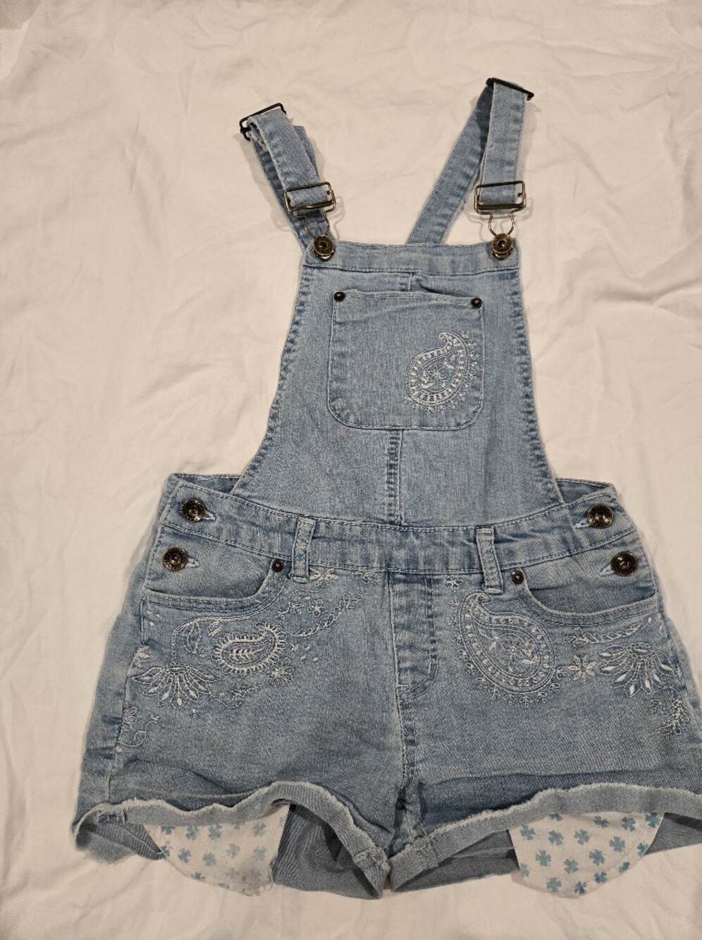 Lucky Brand Girls Size 12 Denim Shortalls Embroidered Paisley Overall Shorts
